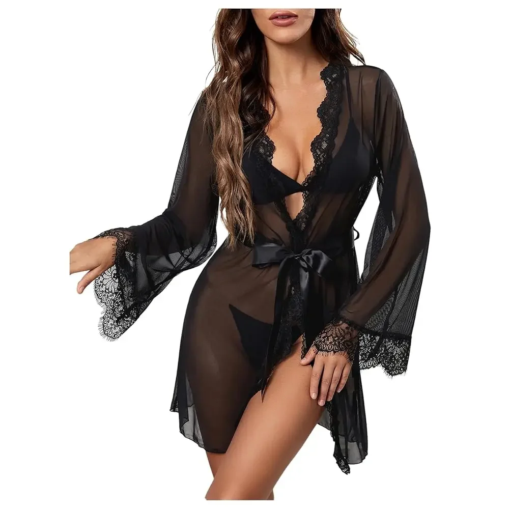Women's See Through Lace Trim Long Sleeve Belted Short Sheer Robe Kimono
Women's See Through Lace Trim Long Sleeve Belted Short Sheer Robe Kimono