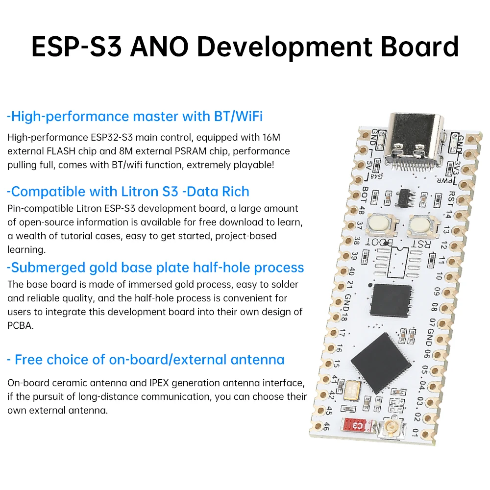 ESP32-S3 NANO WIFI Bluetooth Макетная плата типа C ESP32-S3-N16R8 Модуль Встроенная антенна Внешняя 16M SPI FLASH 8M PSRAM 
ESP32-S3 NANO WIFI Bluetooth Макетная плата типа C ESP32-S3-N16R8 Модуль Встроенная антенна Внешняя 16M SPI FLASH 8M PSRAM