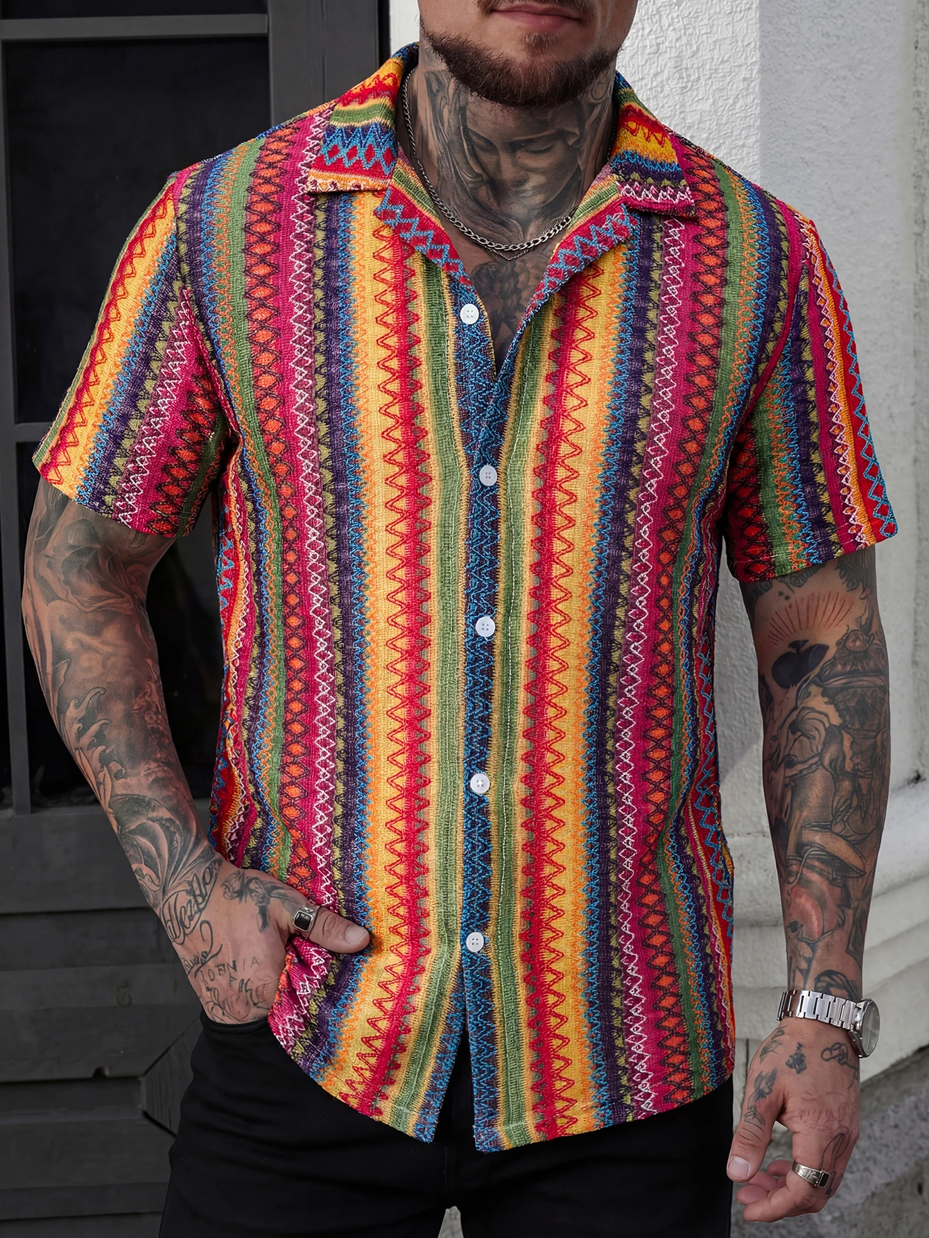 American Retro Bohemian Style Men's Shirt, Summer Breathable Colorful Stripe Short-Sleeve Vacation Outfit Trend
American Retro Bohemian Style Men's Shirt, Summer Breathable Colorful Stripe Short-Sleeve Vacation Outfit Trend