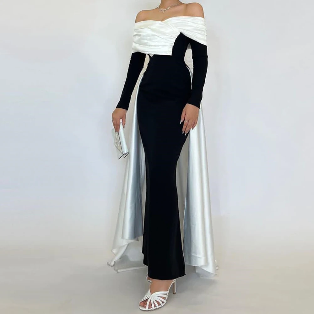 Customized Graceful Boat Neck Off the Shoulder Long Sleeves Contrast Color Evening Dress Temperament Pleats Vestido De Noche
Customized Graceful Boat Neck Off the Shoulder Long Sleeves Contrast Color Evening Dress Temperament Pleats Vestido De Noche
