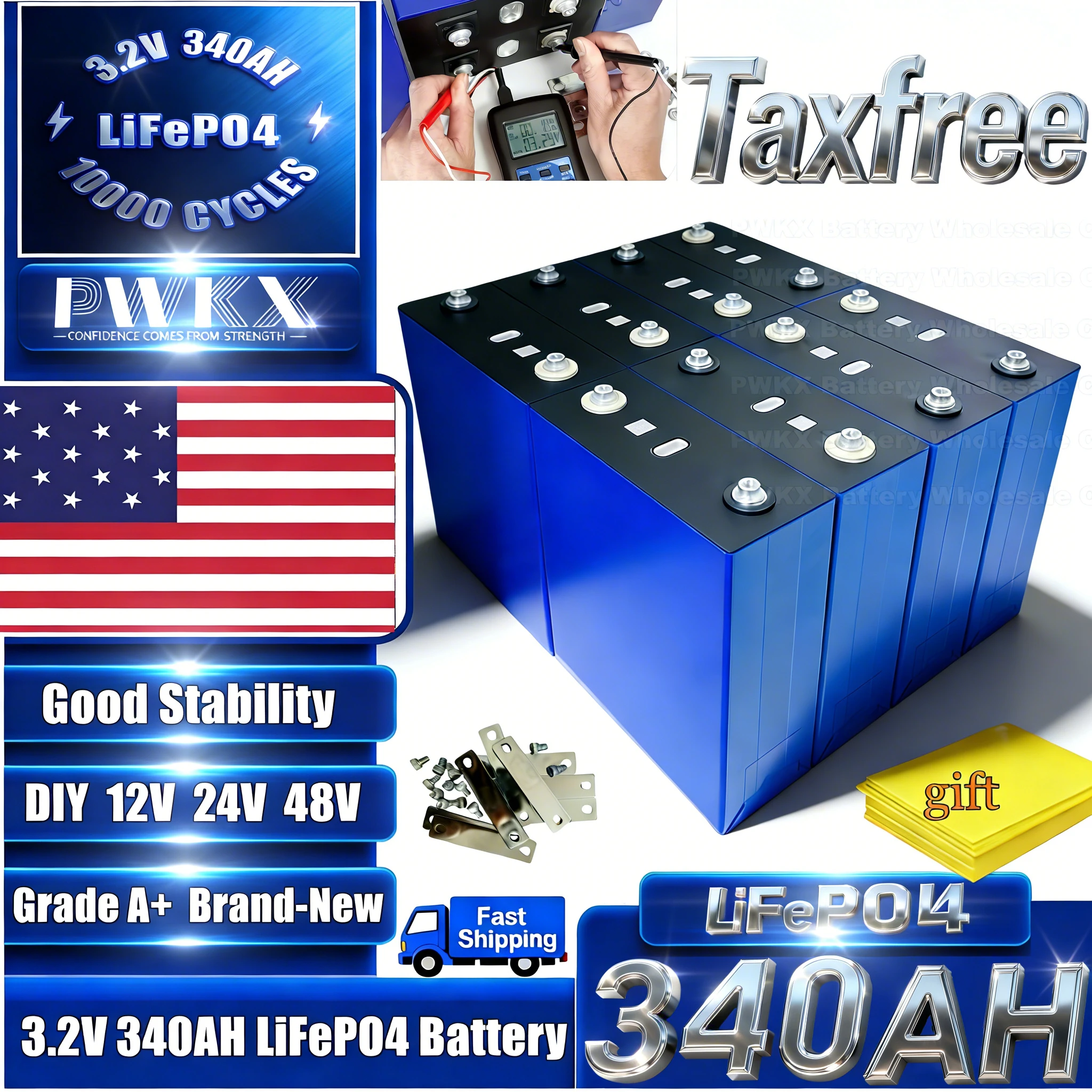 3.2V 340Ah LiFePO4 Battery Grade A Cells 10000+ Cycles DIY 12V/24V/48V For Solar/RV/Home/Golf Cart/Clean/Electric Vehicle
3.2V 340Ah LiFePO4 Battery Grade A Cells 10000+ Cycles DIY 12V/24V/48V For Solar/RV/Home/Golf Cart/Clean/Electric Vehicle