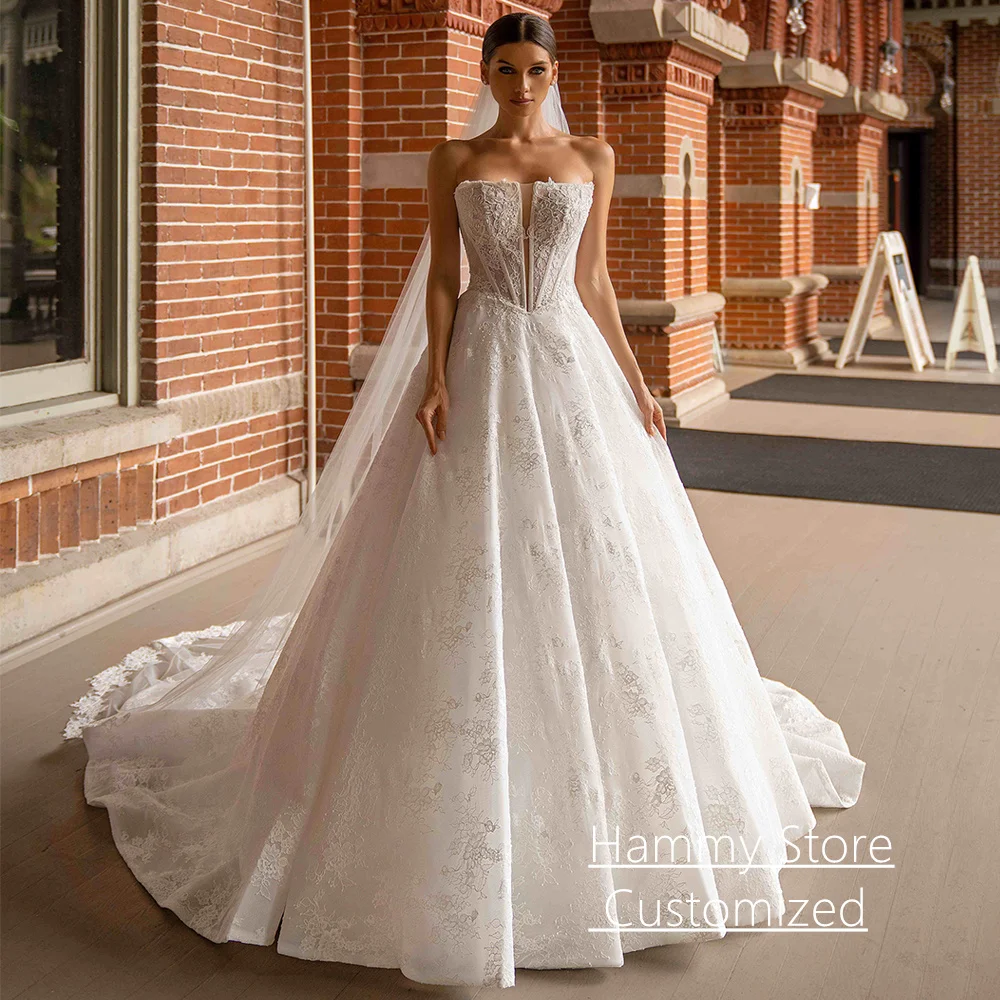 Charming Wedding Dress Robe De Mariee Customized Strapless Sleeveless See Through Lace Applique Bridal Gown Sweep Train
Charming Wedding Dress Robe De Mariee Customized Strapless Sleeveless See Through Lace Applique Bridal Gown Sweep Train