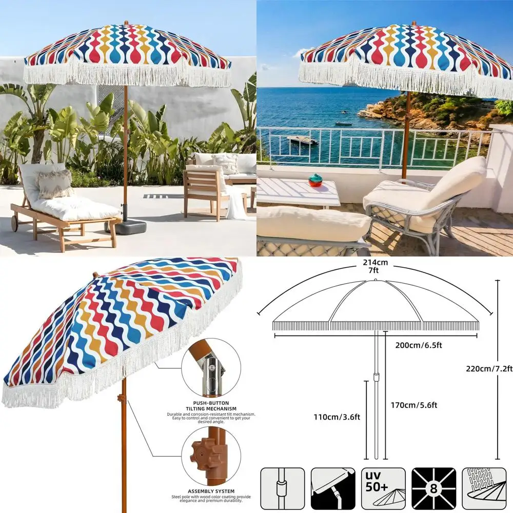 7ft Outdoor Patio Umbrella with Tassel, UPF50+, Premium Steel, Push Button Tilt, Wave Pattern
7ft Outdoor Patio Umbrella with Tassel, UPF50+, Premium Steel, Push Button Tilt, Wave Pattern