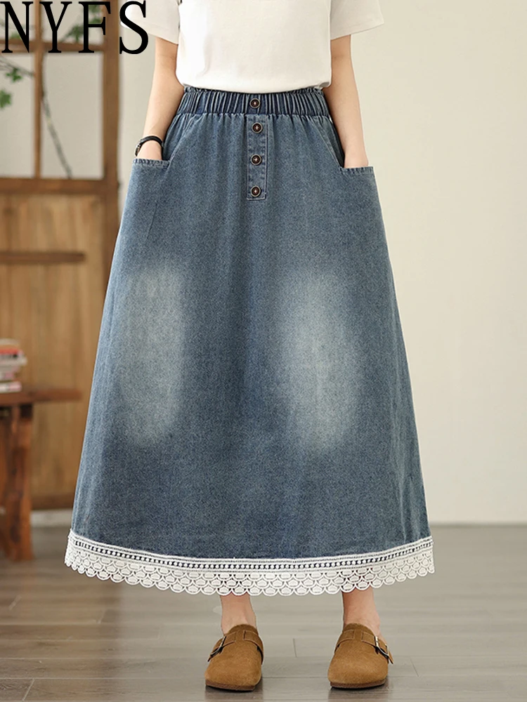 NYFS Summer Fat MM Vintage New Woman Denim Skirt Loose Plus Size High Waist Patchwork Lace Long Skirts Faldas Mujer Saias
NYFS Summer Fat MM Vintage New Woman Denim Skirt Loose Plus Size High Waist Patchwork Lace Long Skirts Faldas Mujer Saias