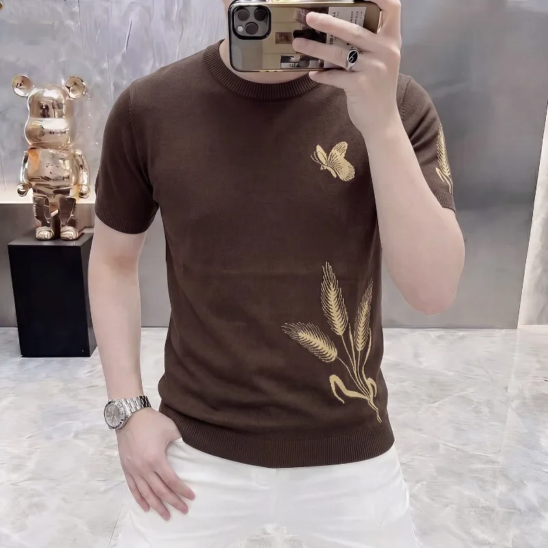 Summer Butterfly Jacquard Knitted T-shirt for Men Ice Silk Short Sleeved Casual Social T-shirts Luxury Social Business Tshirt
Summer Butterfly Jacquard Knitted T-shirt for Men Ice Silk Short Sleeved Casual Social T-shirts Luxury Social Business Tshirt