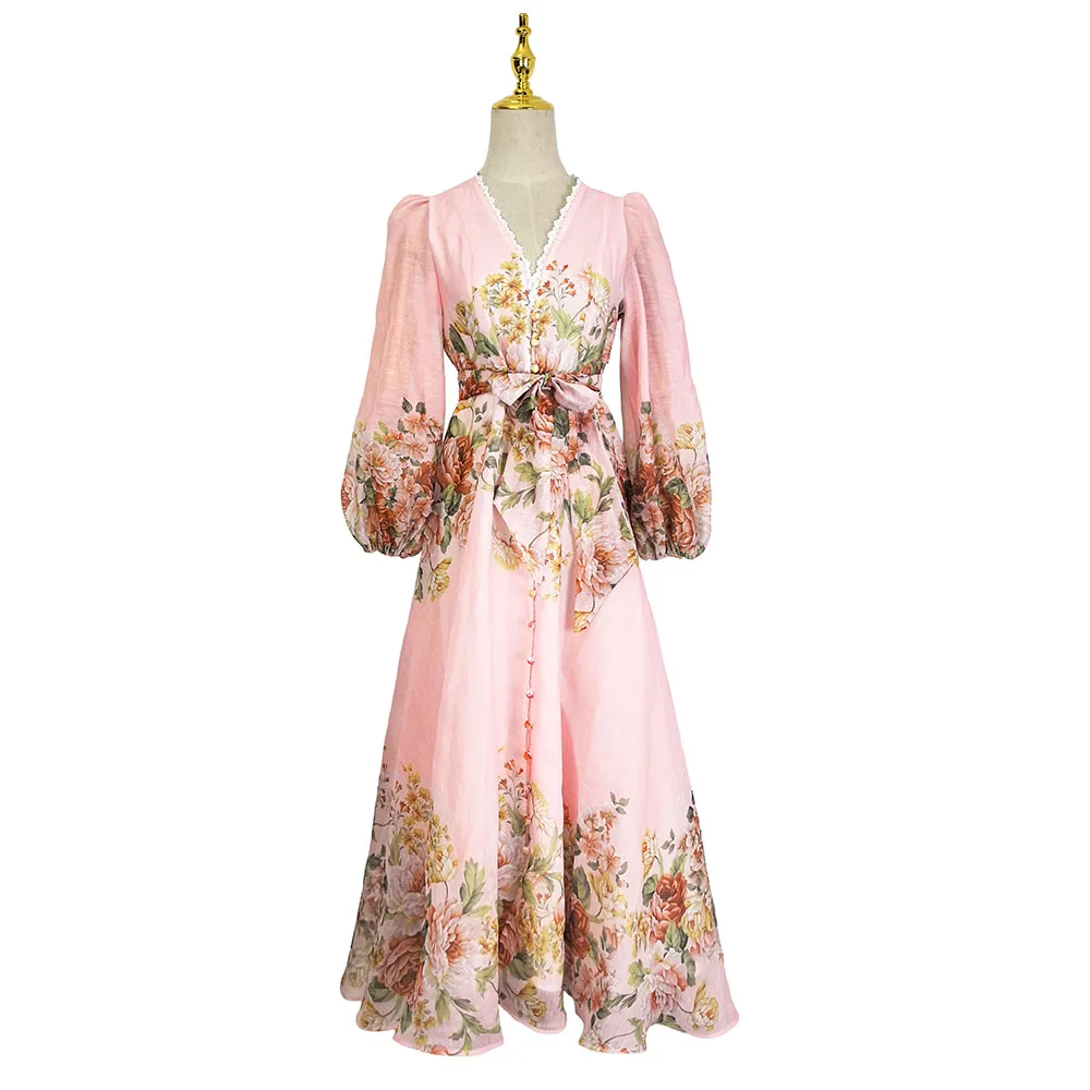 Women's Summer Boho Long Dress V-Neck Lace Splicing Belted Floral Print Beach Robe with Lantern Sleeves And Buttons up Detail
Women's Summer Boho Long Dress V-Neck Lace Splicing Belted Floral Print Beach Robe with Lantern Sleeves And Buttons up Detail
