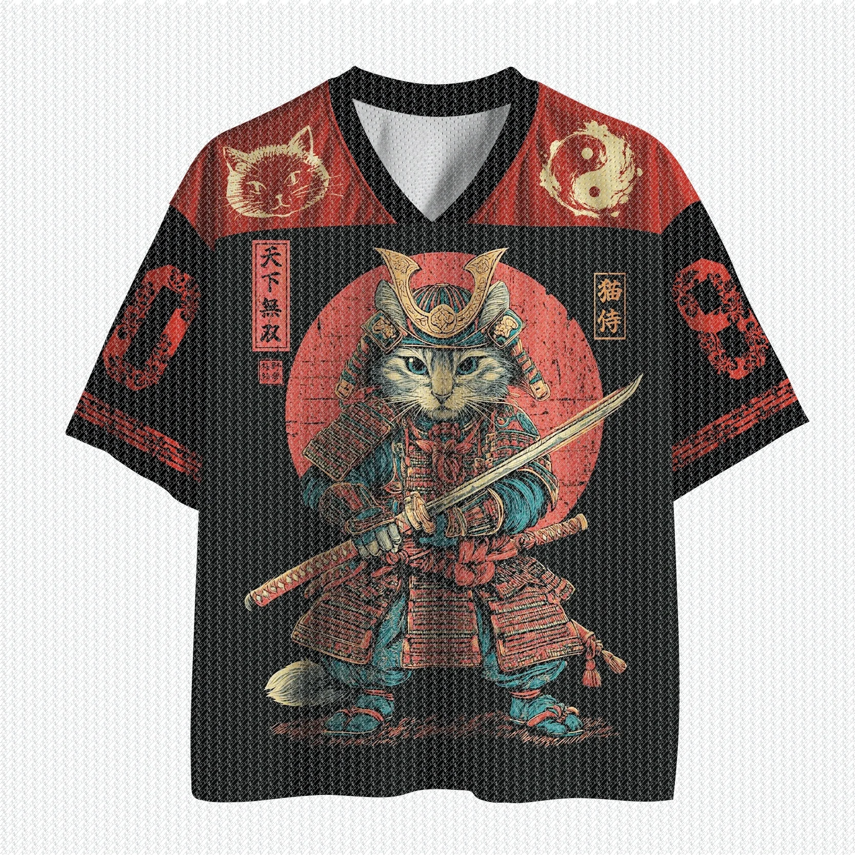 V Neck Red Black Color Block Mesh Jersey T Shirt Samurai Cat Yin Yang Japanese Letter Print Retro Oriental Streetwear Top
V Neck Red Black Color Block Mesh Jersey T Shirt Samurai Cat Yin Yang Japanese Letter Print Retro Oriental Streetwear Top