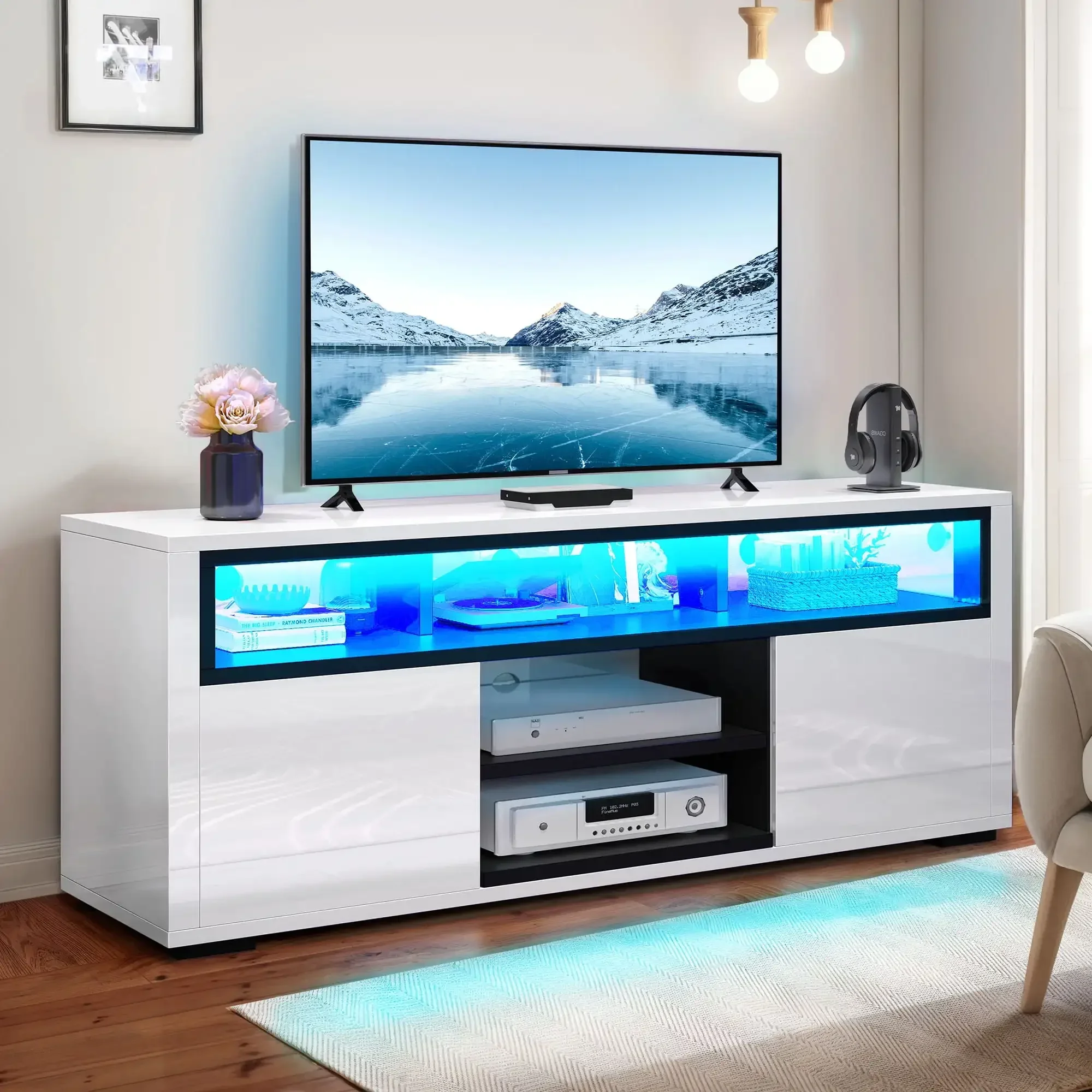 A High Gloss TV Stand with LED Lights, Modern Media Console Table with Storage Cabinet for 70 inch TV White
A High Gloss TV Stand with LED Lights, Modern Media Console Table with Storage Cabinet for 70 inch TV White