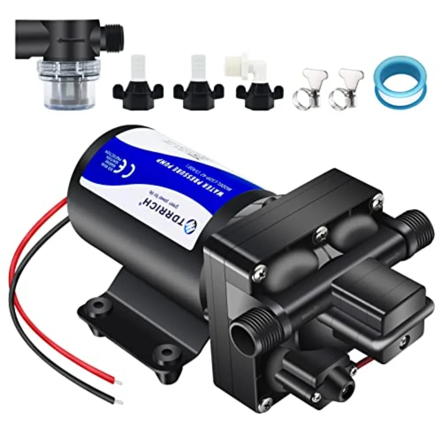 RV and marine 12V water pressure booster pump, 4-chamber self-priming diaphragm, black ABS housing, 70 PSI on-demand flow with
RV and marine 12V water pressure booster pump, 4-chamber self-priming diaphragm, black ABS housing, 70 PSI on-demand flow with