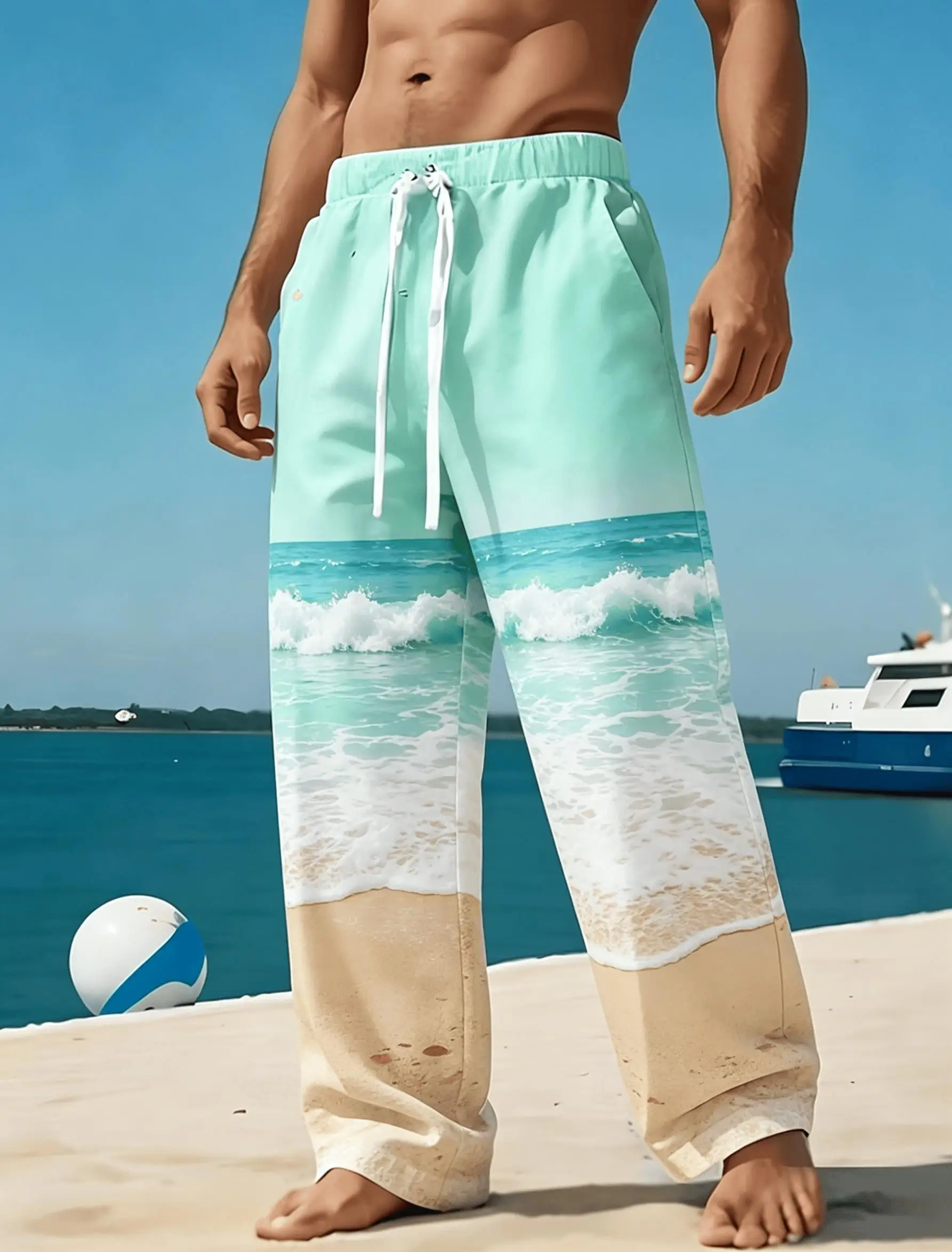 Men's Beach Ocean Wave Print Drawstring Pants, Casual Straight-Leg Trousers For Spring And Summer Vacation Wear
Men's Beach Ocean Wave Print Drawstring Pants, Casual Straight-Leg Trousers For Spring And Summer Vacation Wear
