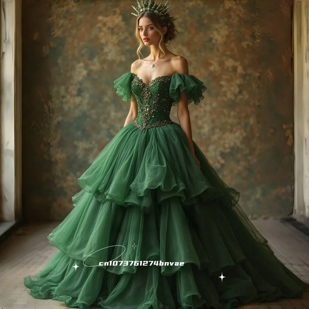 Dark Green Prom Dress With Gold Crystal Beaded Tiered Tulle Quinceanera Dress Off Shoulder Customized Vestido de Novia 
Dark Green Prom Dress With Gold Crystal Beaded Tiered Tulle Quinceanera Dress Off Shoulder Customized Vestido de Novia