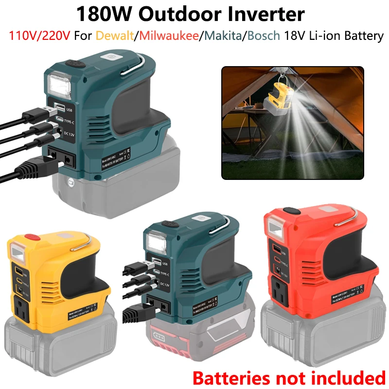 180W Inverter Power Station For Dewalt/Milwaukee/Makita/Bosch 18V Li-ion Battery LED Outdoor Camping Adapter Power Supply Tool
180W Inverter Power Station For Dewalt/Milwaukee/Makita/Bosch 18V Li-ion Battery LED Outdoor Camping Adapter Power Supply Tool