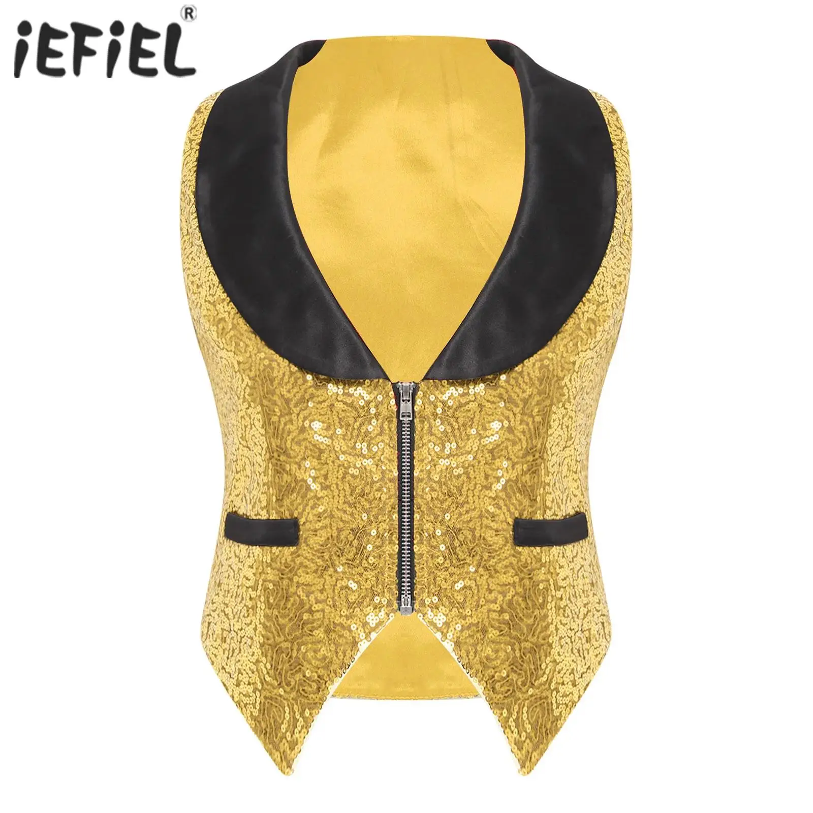Womens Zipper Sparkly Sequins Vest Crop Tops Low-Cut Contrast Color Satin Collar Asymmetrical Hem Waistcoat Club Party Tops
Womens Zipper Sparkly Sequins Vest Crop Tops Low-Cut Contrast Color Satin Collar Asymmetrical Hem Waistcoat Club Party Tops