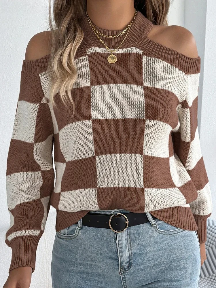 Winter Casual Off Shoulder Knitted Sweater Women Hollow Long Sleeve Pullover Autumn Lady Plaid Patchwork Jumper
Winter Casual Off Shoulder Knitted Sweater Women Hollow Long Sleeve Pullover Autumn Lady Plaid Patchwork Jumper