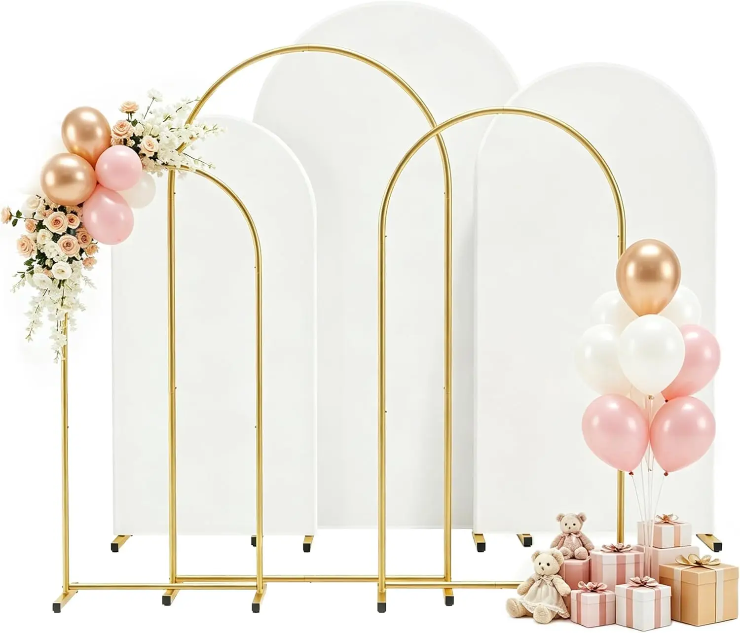Arch Backdrop Stand and Cover Set 7.2FT/6.6FT/6FT, Gold Wedding Arch Frame with White Arch Cover Stretchy Spandex Wrinkle-Resist
Arch Backdrop Stand and Cover Set 7.2FT/6.6FT/6FT, Gold Wedding Arch Frame with White Arch Cover Stretchy Spandex Wrinkle-Resist