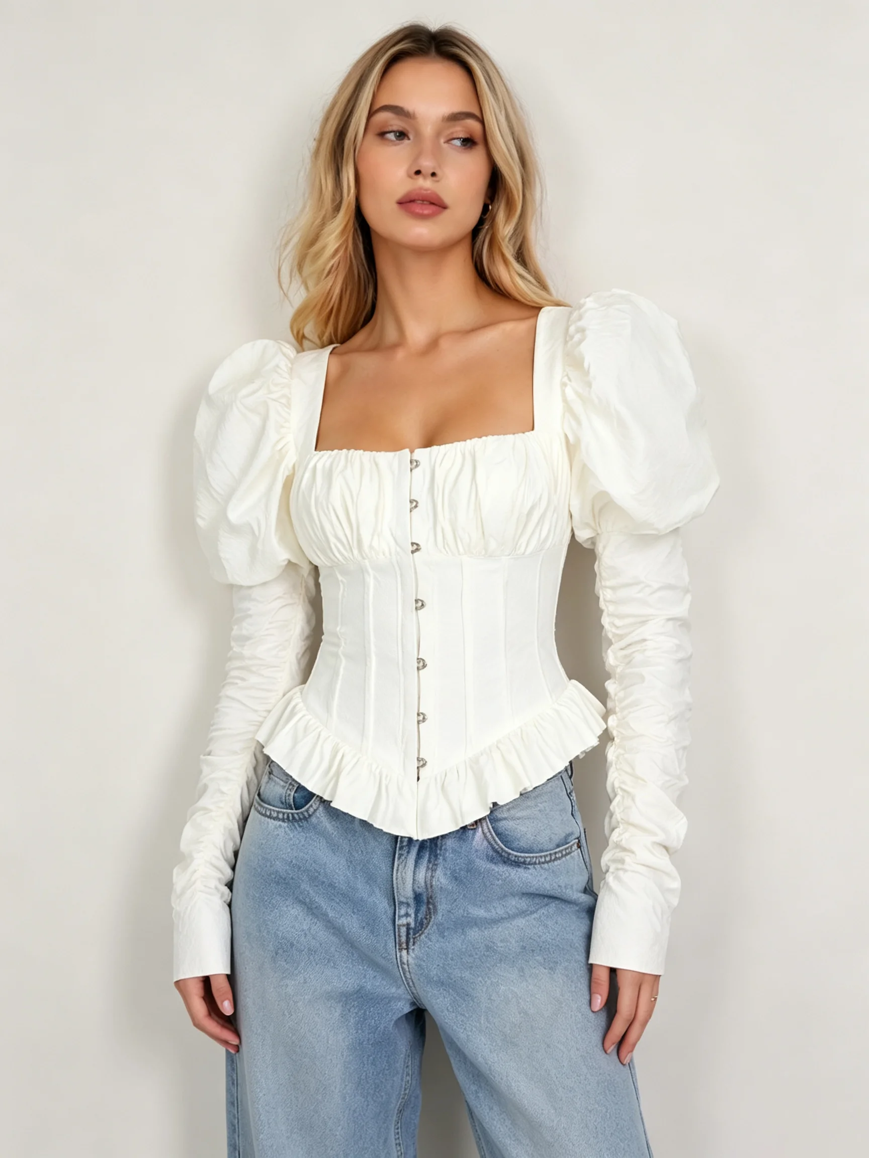 LIMO Women Square Neck Puff Sleeve Corset Top Ruched Bust Front Button Ruffle Hem Long Sleeve Slim Fitted Crop Blouse
LIMO Women Square Neck Puff Sleeve Corset Top Ruched Bust Front Button Ruffle Hem Long Sleeve Slim Fitted Crop Blouse