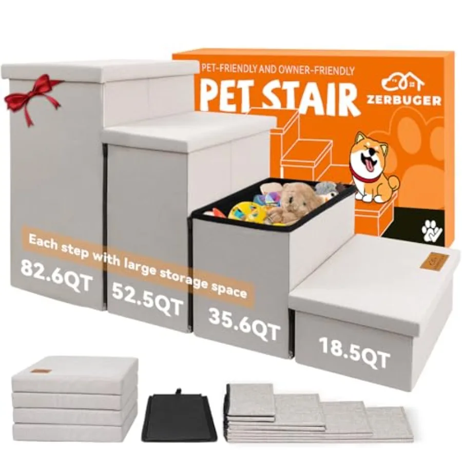Dog Stairs with Storage for High Beds and Cars, 23 H 4-Step Wider Sturdy Folding Ramp, Beige Fabric with Reinforced Frame, Supp
Dog Stairs with Storage for High Beds and Cars, 23 H 4-Step Wider Sturdy Folding Ramp, Beige Fabric with Reinforced Frame, Supp