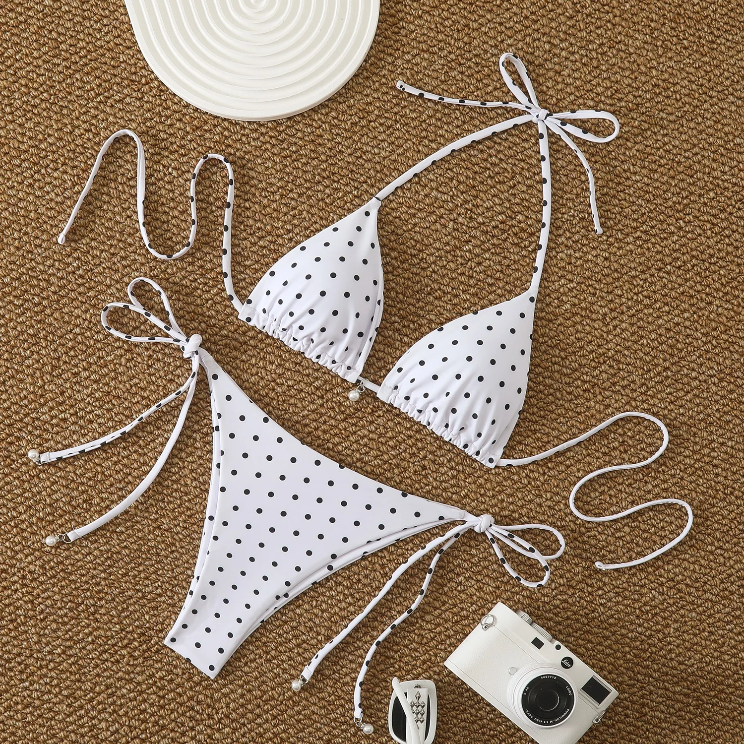 Women Polka Dot Triangle Bikini Set Halter Tie-Up Two Piece Swimsuit With Pearl Bead Thong Bottom Bathing Suit Beachwear
Women Polka Dot Triangle Bikini Set Halter Tie-Up Two Piece Swimsuit With Pearl Bead Thong Bottom Bathing Suit Beachwear