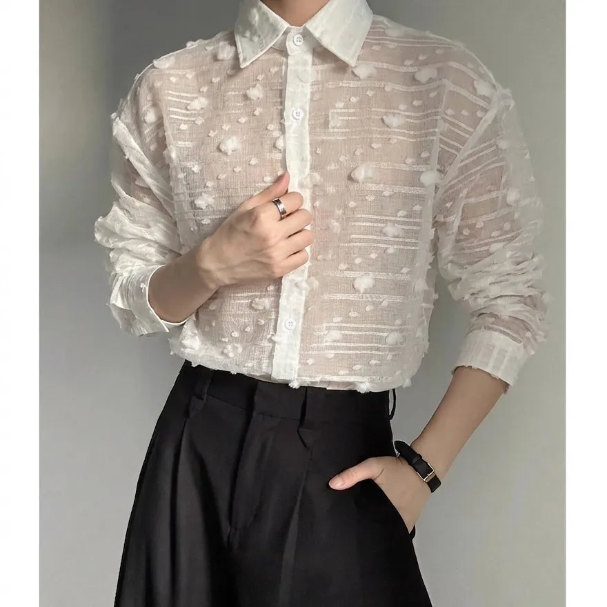Summer Hollow Out Breathable Long Sleeved Shirt Men Wave Point Perspective Shirts Loose Casual Social Streetwear Men Clothing
Summer Hollow Out Breathable Long Sleeved Shirt Men Wave Point Perspective Shirts Loose Casual Social Streetwear Men Clothing
