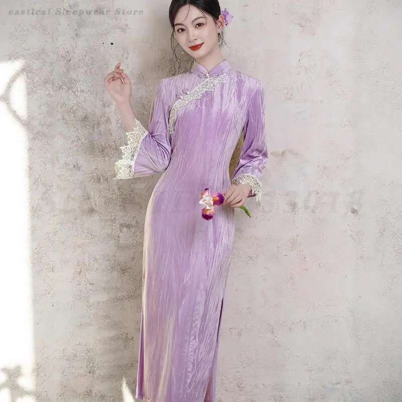 Винтажное кружевное бархатное женское длинное платье Cheongsam, сексуальное тонкое китайское платье с разрезом, классическое элегантное велюровое платье Ципао с короткими рукавами, Vestidos
Винтажное кружевное бархатное женское длинное платье Cheongsam, сексуальное тонкое китайское платье с разрезом, классическое элегантное велюровое платье Ципао с короткими рукавами, Vestidos