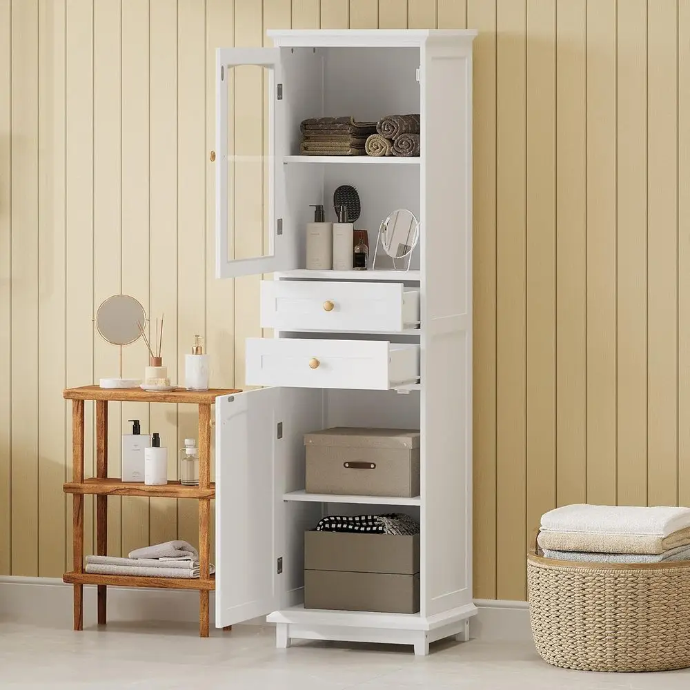 Freestanding Tall Bathroom Storage Cabinet with 2 Drawers, Adjustable Shelves, and Glass Door
Freestanding Tall Bathroom Storage Cabinet with 2 Drawers, Adjustable Shelves, and Glass Door