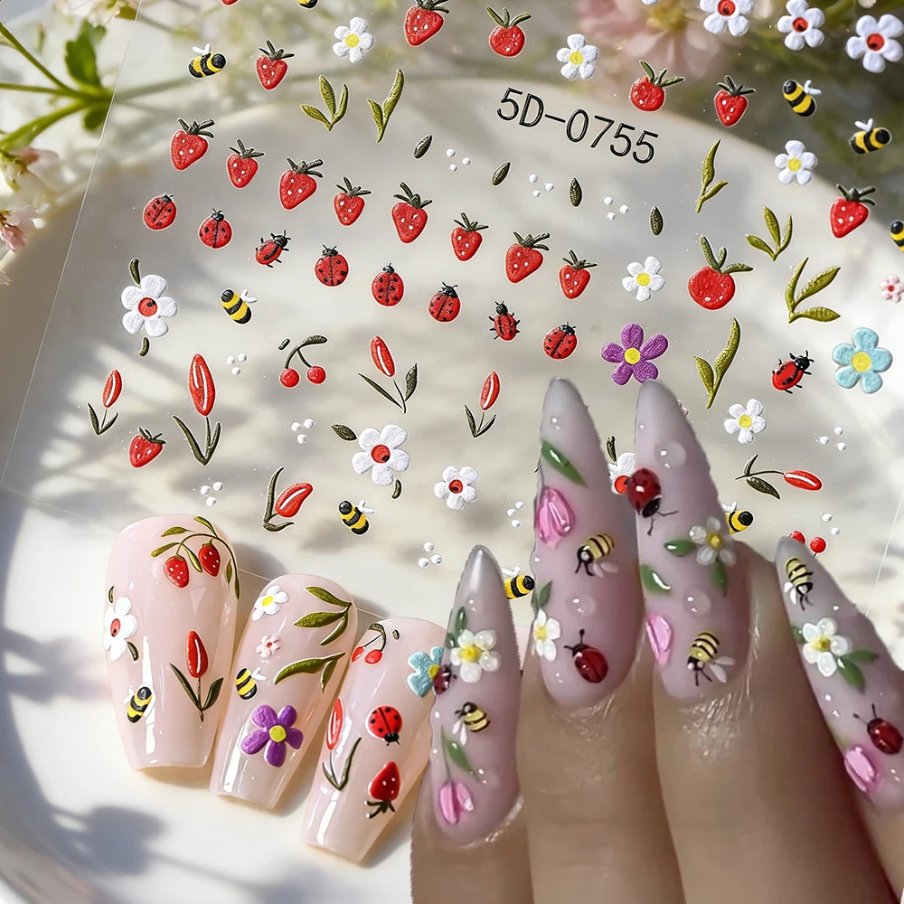 Embossed Strawberry Bee Nail Stickers 5D Cute Animal Seven Star Ladybug Nail Slider Spring Small White Flowers Manicure Decal
Embossed Strawberry Bee Nail Stickers 5D Cute Animal Seven Star Ladybug Nail Slider Spring Small White Flowers Manicure Decal
