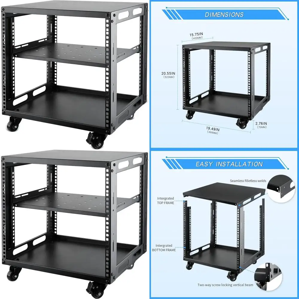 9U Mobile Open Frame Server Rack - Black, Freestanding for Network Equipment & AV Devices