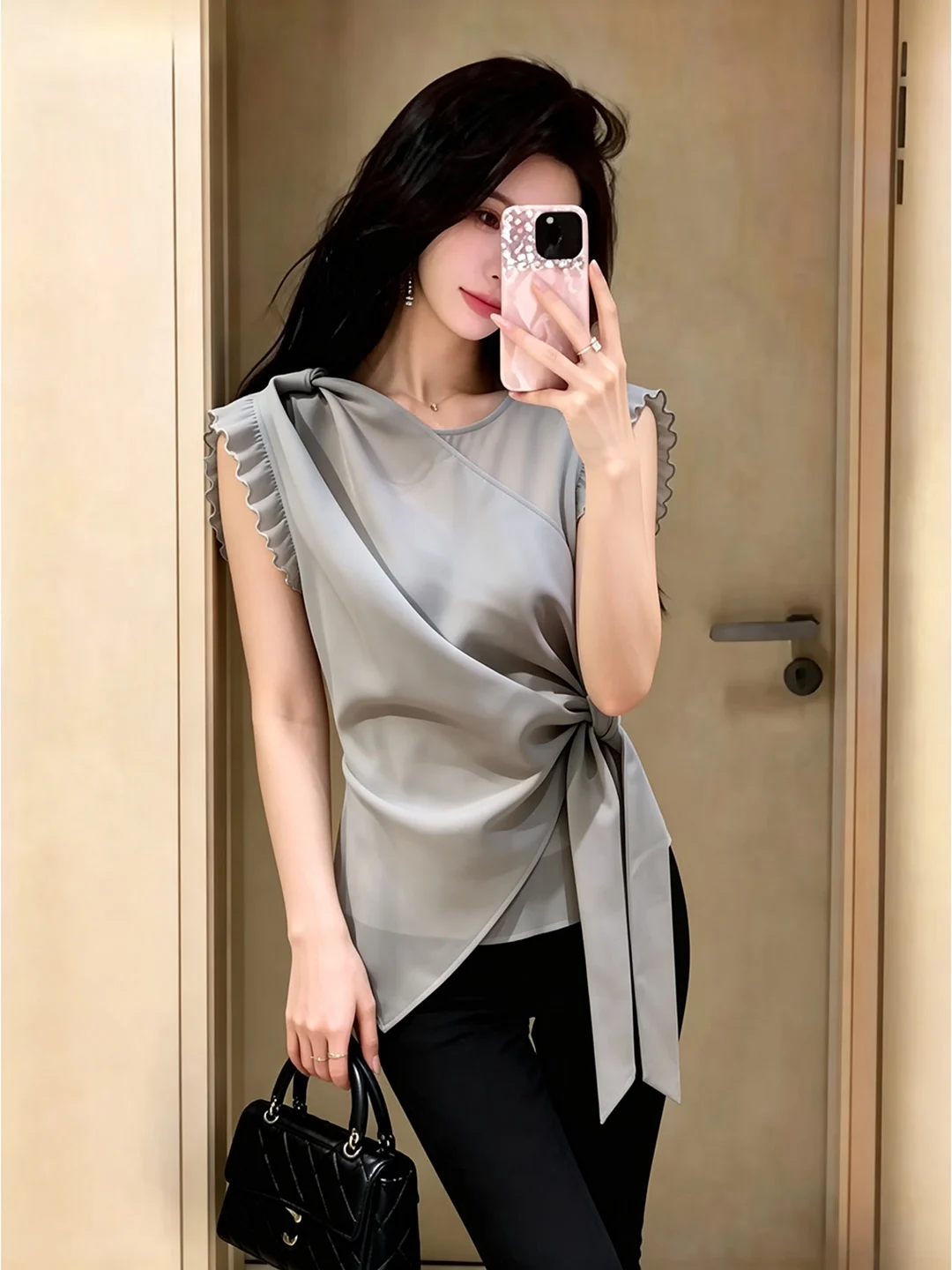 Summer Slimming Effect Wooden Design Shirt Women's Waist-Cinching Asymmetrical Sleeveless Belted Top French Style Splice
Summer Slimming Effect Wooden Design Shirt Women's Waist-Cinching Asymmetrical Sleeveless Belted Top French Style Splice