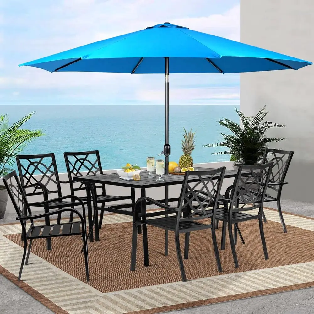 7-Piece Outdoor Metal Patio Dining Set with Stackable Chairs and Sky Blue Umbrella for Backyard or Garden
7-Piece Outdoor Metal Patio Dining Set with Stackable Chairs and Sky Blue Umbrella for Backyard or Garden