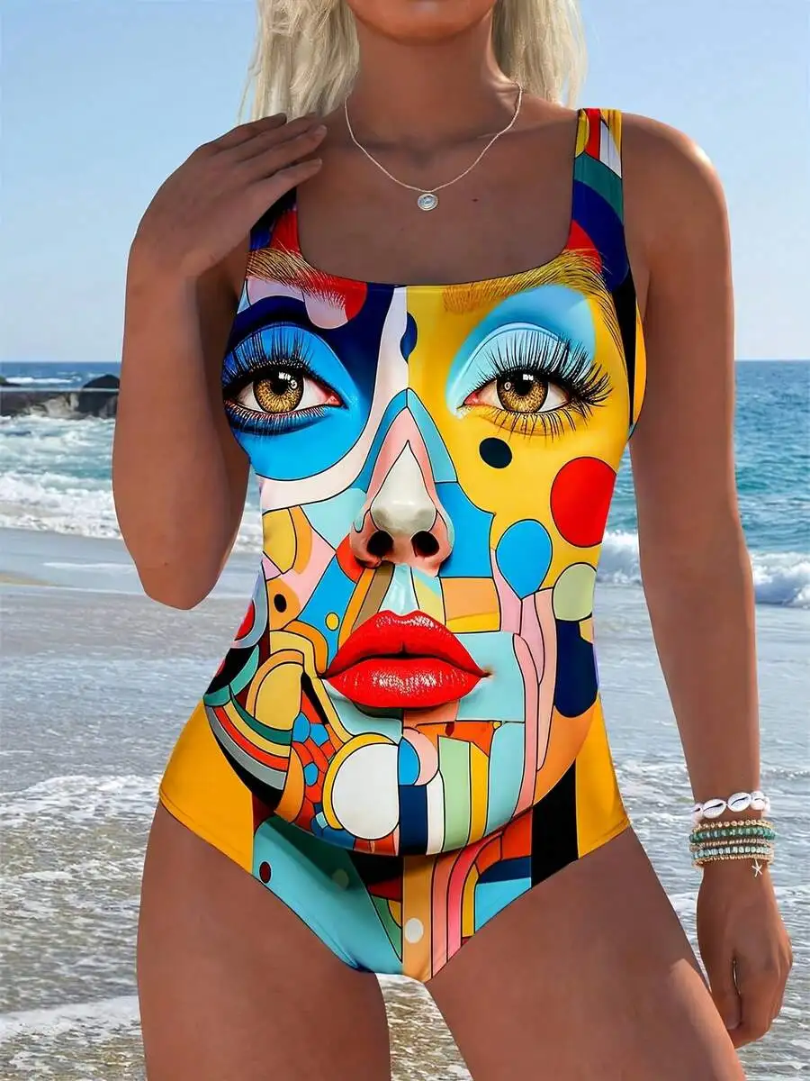 Womens One Piece Swimsuit With Abstract Face Print, Full Print Padded Beachwear For Leisure And Sports
Womens One Piece Swimsuit With Abstract Face Print, Full Print Padded Beachwear For Leisure And Sports