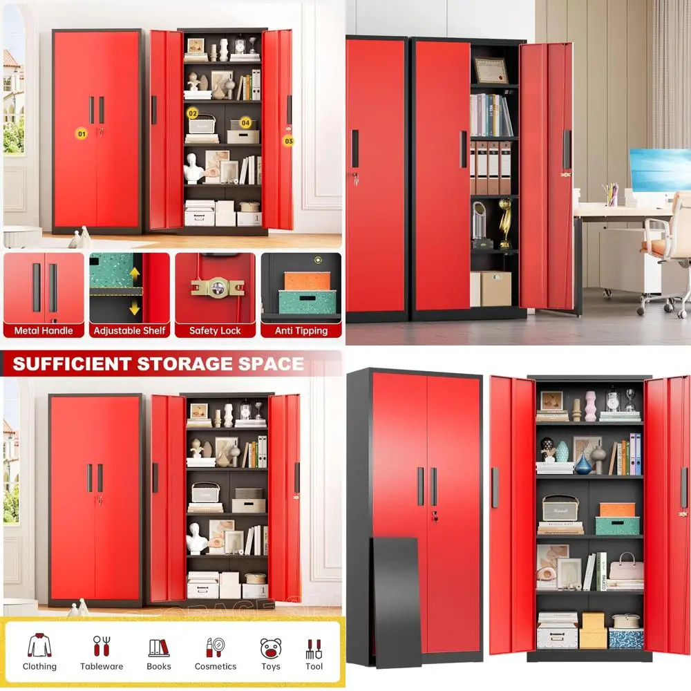 Tall Black and Red Lockable Steel Storage Cabinet with 2 Doors and 4 Adjustable Shelves for Home, Office, and Garage Use
Tall Black and Red Lockable Steel Storage Cabinet with 2 Doors and 4 Adjustable Shelves for Home, Office, and Garage Use