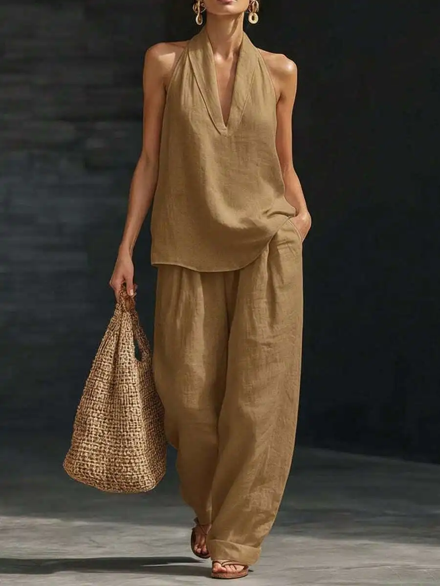 Womens Halter V-Neck Sleeveless Two-Piece Set Solid Color Loose Wide Leg Pants Casual Summer Outfit
Womens Halter V-Neck Sleeveless Two-Piece Set Solid Color Loose Wide Leg Pants Casual Summer Outfit
