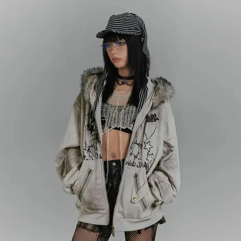 American Retro Hoodie Women Gothic Simple Print Rabbit Ears Zipper Hooded Fur Collar Sweatshirt Fashionable Harajuku Jacket Tops
American Retro Hoodie Women Gothic Simple Print Rabbit Ears Zipper Hooded Fur Collar Sweatshirt Fashionable Harajuku Jacket Tops
