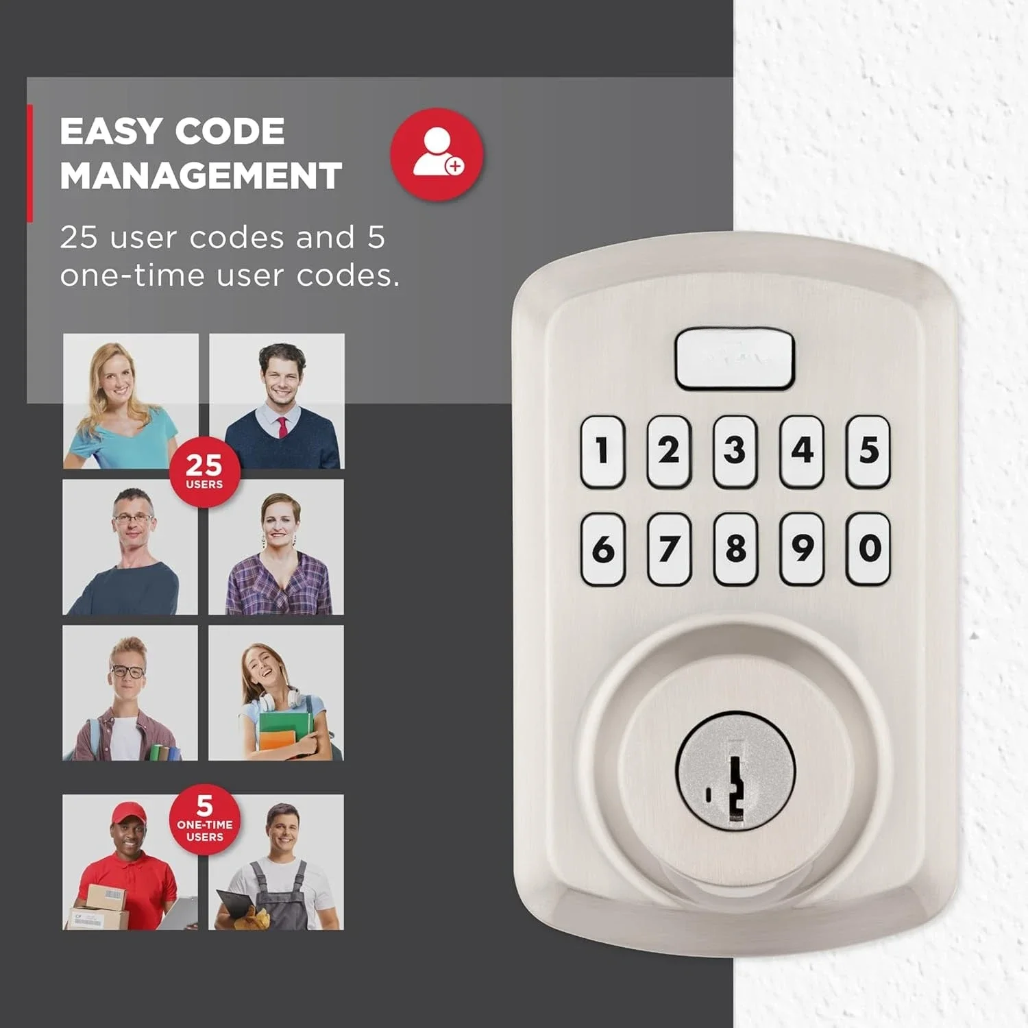 250 10-Button Keypad Satin Nickel Transitional Electronic Deadbolt Door Lock, Featuring Convenient Keyless Entry
250 10-Button Keypad Satin Nickel Transitional Electronic Deadbolt Door Lock, Featuring Convenient Keyless Entry