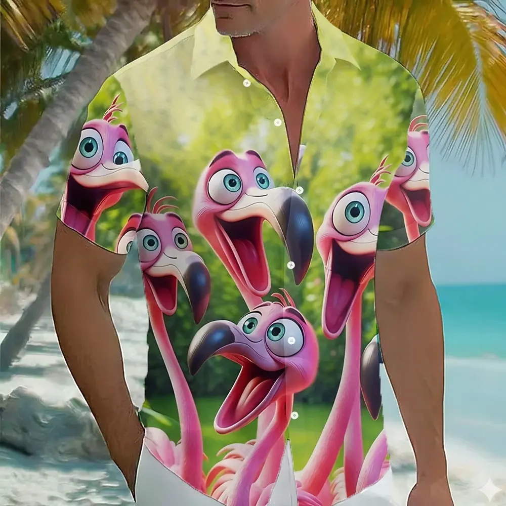 Men's Pink 3D Flamingo Palm Print Button Up Shirt, Hawaiian Style Tops for Spring Summer Beach Vacation Daily Casual Wear
Men's Pink 3D Flamingo Palm Print Button Up Shirt, Hawaiian Style Tops for Spring Summer Beach Vacation Daily Casual Wear