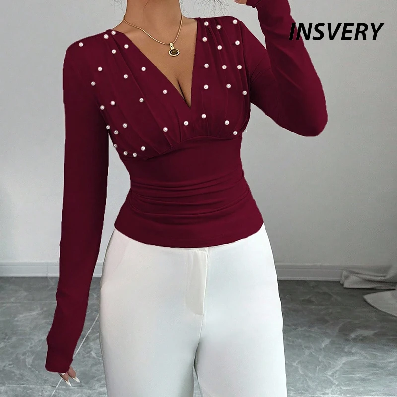 New Elegant V Neck Long Sleeve Shirts For Women Fashion Simple Bead Design Slim Tops Pullover Female Blouse Office Lady Tops Red
New Elegant V Neck Long Sleeve Shirts For Women Fashion Simple Bead Design Slim Tops Pullover Female Blouse Office Lady Tops Red