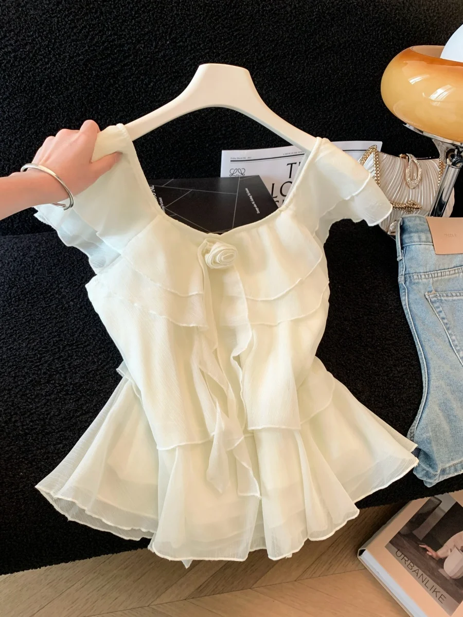 Summer New Style Women's Square Collar Chiffon Top Rose 3D Design Fly Sleeve Lace Floral Print Elegant Fashionable
Summer New Style Women's Square Collar Chiffon Top Rose 3D Design Fly Sleeve Lace Floral Print Elegant Fashionable