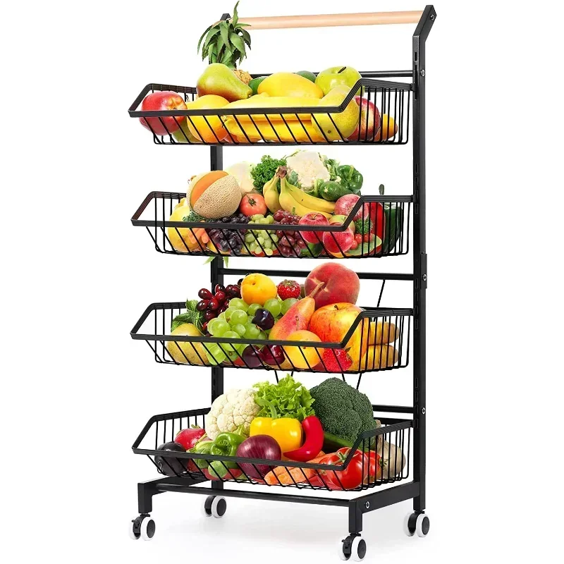 -4 Tier Fruit Vegetable Storage Basket Rolling Cart With Handle And Wheels, Black Kitchen Island Table
-4 Tier Fruit Vegetable Storage Basket Rolling Cart With Handle And Wheels, Black Kitchen Island Table
