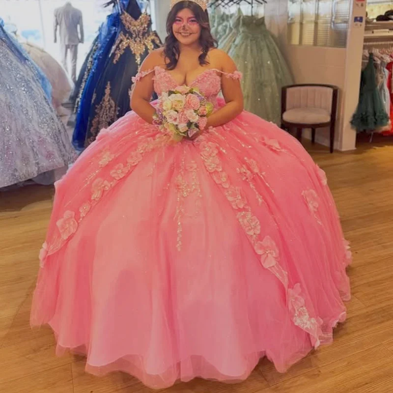 Shiny Pink Quinceanera Dress off-shoulder glitter 3D flower decal Long tail Bow vestidos de 15 Quinceanera Customize
Shiny Pink Quinceanera Dress off-shoulder glitter 3D flower decal Long tail Bow vestidos de 15 Quinceanera Customize
