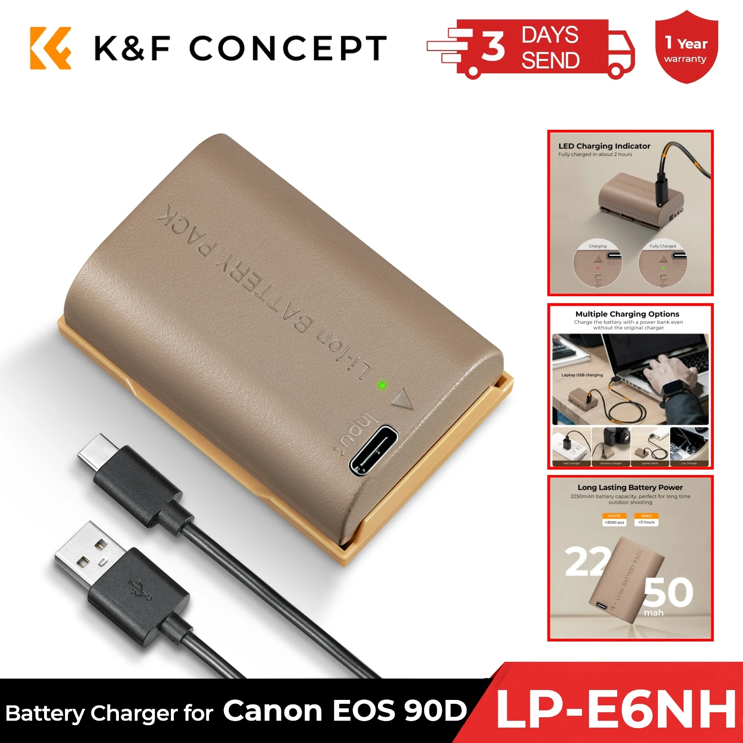 K&F Concept LP-E6NH Battery 2250mAh USB C Fast Charging R7 Battery for Canon EOS R7 R6 R5 90D/80D/70D/5D Mark II III IV/5DS SR/6
K&F Concept LP-E6NH Battery 2250mAh USB C Fast Charging R7 Battery for Canon EOS R7 R6 R5 90D/80D/70D/5D Mark II III IV/5DS SR/6