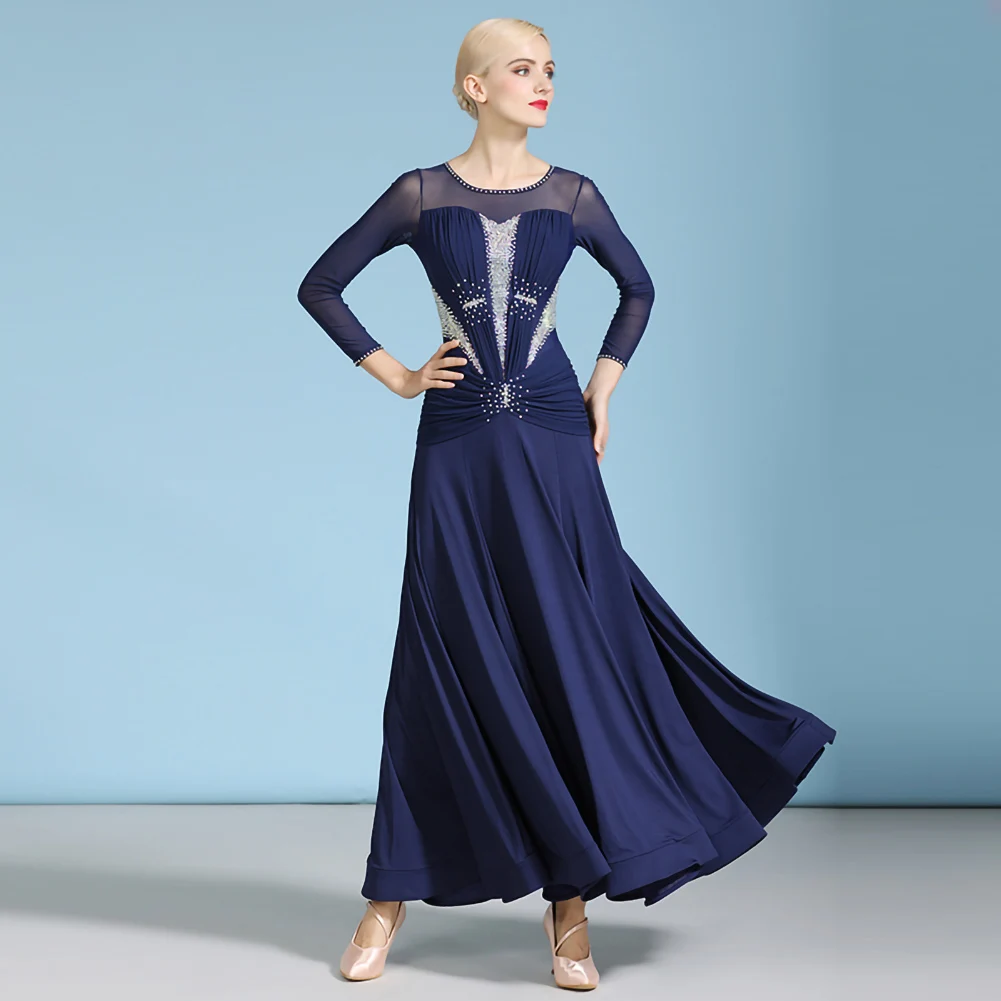 Waltz Ballroom Dress Training Clothes Rhinestones Long Sleeves Round Neck Navy Blue Large Skirt Dance Competition Standard Stage
Waltz Ballroom Dress Training Clothes Rhinestones Long Sleeves Round Neck Navy Blue Large Skirt Dance Competition Standard Stage