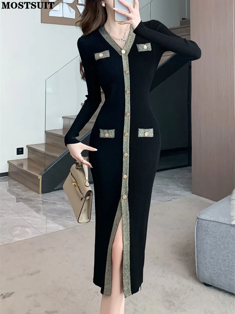 Vintage Elegant Slim Knit Long Dress Women Long Sleeve V-neck Single-breasted Split Dresses 2024 Spring Stylish Fashion Vestidos
Vintage Elegant Slim Knit Long Dress Women Long Sleeve V-neck Single-breasted Split Dresses 2024 Spring Stylish Fashion Vestidos