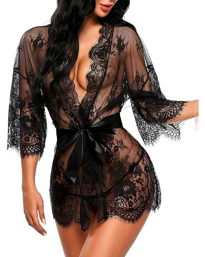 Lace V-Neck Long Sleeved Lace Detail Robe Sexy Perspective Home Women's Spring and Summer Lace Sexy Perspective Nightgown
Lace V-Neck Long Sleeved Lace Detail Robe Sexy Perspective Home Women's Spring and Summer Lace Sexy Perspective Nightgown