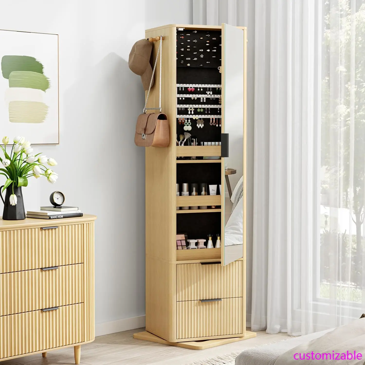 360° Rotating Jewelry Cabinet with Full-Length Mirror, Coat Rack, and 4-Tier Storage, 2 Drawers
360° Rotating Jewelry Cabinet with Full-Length Mirror, Coat Rack, and 4-Tier Storage, 2 Drawers