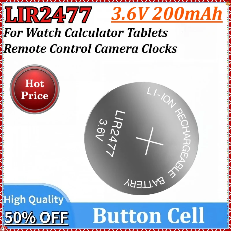 New 10-50PCS 3.6V 200mAh LIR2477 Lithium Rechargeable Battery CR2477 for Remote Control Camera Clocks Watch Calculator Tablets
New 10-50PCS 3.6V 200mAh LIR2477 Lithium Rechargeable Battery CR2477 for Remote Control Camera Clocks Watch Calculator Tablets