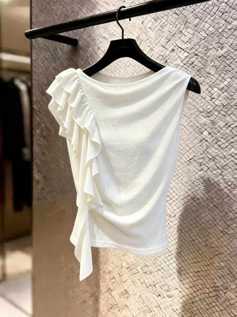 Elegant Summer Sleeveless T-Shirt Women's Kept Design Flounce Hem Pleated Waist-Cinching Top Korean Style Slim Fit Silk
Elegant Summer Sleeveless T-Shirt Women's Kept Design Flounce Hem Pleated Waist-Cinching Top Korean Style Slim Fit Silk
