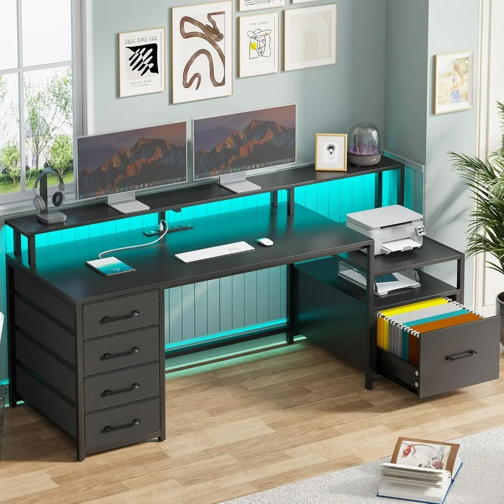 Computer Desk with 5 Drawer, Power Outlet & Led Lights, 66'' Home Office Desk with File Drawer, Storage, Monitor Shelf
Computer Desk with 5 Drawer, Power Outlet & Led Lights, 66'' Home Office Desk with File Drawer, Storage, Monitor Shelf