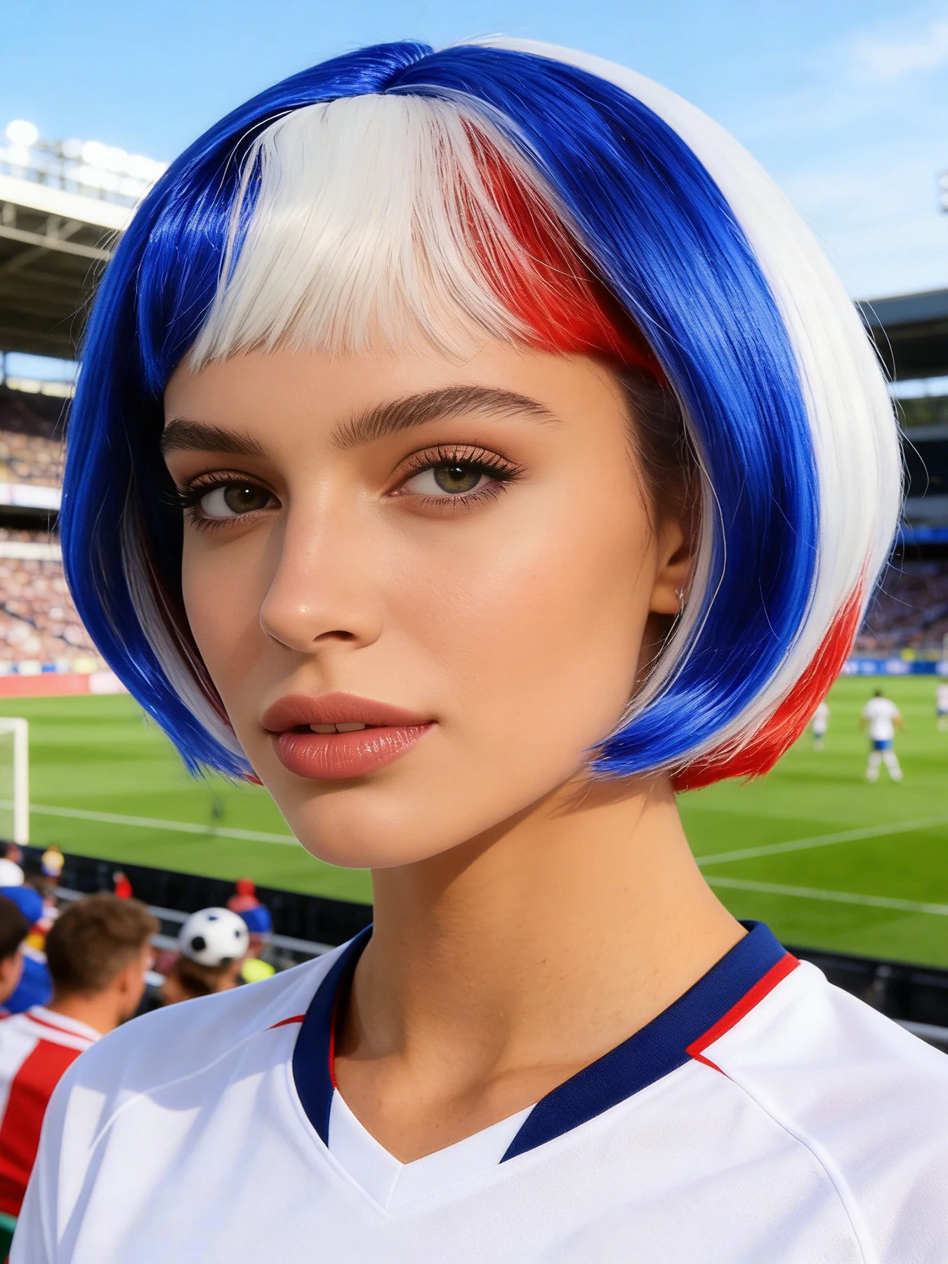 Tri-Color Short Bob Synthetic Wig with Bangs, Straight Color-Blocked Hair for Sports Fans, Cheerleading, Party and Cosplay
Tri-Color Short Bob Synthetic Wig with Bangs, Straight Color-Blocked Hair for Sports Fans, Cheerleading, Party and Cosplay
