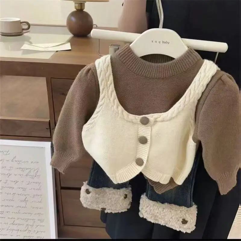 Kids Autumn And Winter Girls' Sweater 2025 New Children's Thickened Fake Two piece Long sleeved Knitted Sweater
Kids Autumn And Winter Girls' Sweater 2025 New Children's Thickened Fake Two piece Long sleeved Knitted Sweater