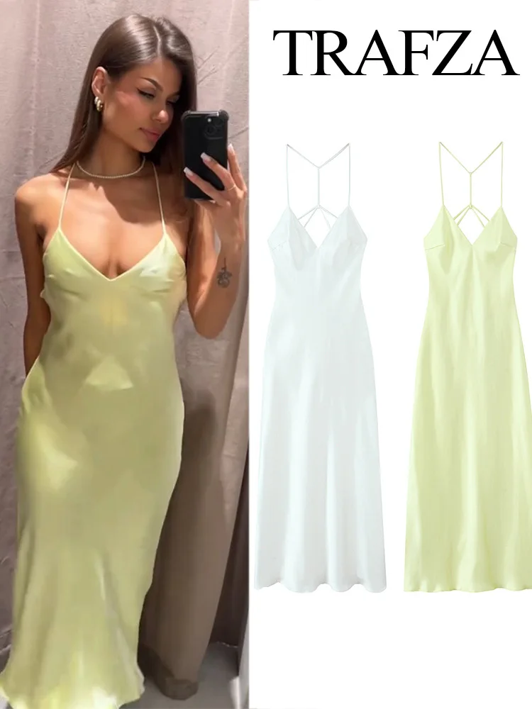 TRAFZA Women Summer Popular Back Band Design Silk Satin Sleeveless Dress Female Temperament Slim Sexy Backless Sling Gown Dress
TRAFZA Women Summer Popular Back Band Design Silk Satin Sleeveless Dress Female Temperament Slim Sexy Backless Sling Gown Dress